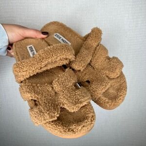 Steve Madden Teddy Shearling Slides Tan Fluffy Cozy Comfort Slipper Women Size 8